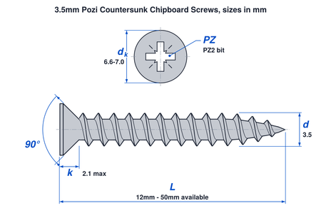 3.5mm pozi countersunk chipboard screw dimensions: thread 3.5mm, head 6.6mm to 7.0mm, head height 2.1mm max, PZ2 bit, lengths 12mm to 50mm