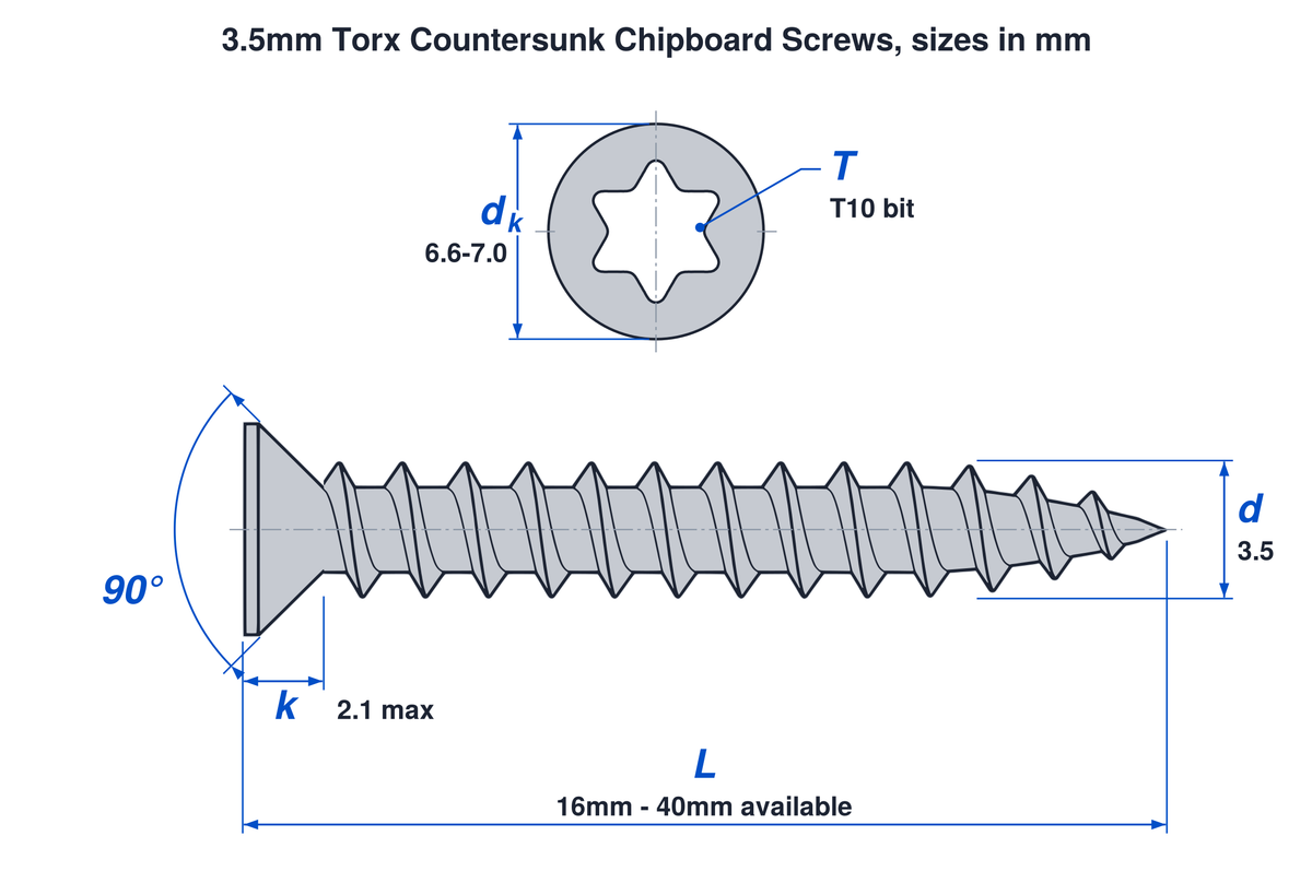 3.5mm torx countersunk chipboard screw dimensions: thread 3.5mm, head 6.6mm to 7.0mm, head height 2.1mm max, T10 bit, lengths 16mm to 40mm