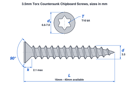 3.5mm torx countersunk chipboard screw dimensions: thread 3.5mm, head 6.6mm to 7.0mm, head height 2.1mm max, T10 bit, lengths 16mm to 40mm