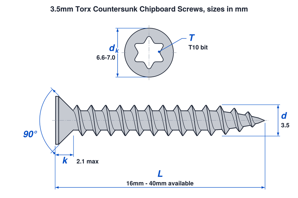 3.5mm torx countersunk chipboard screw dimensions: thread 3.5mm, head 6.6mm to 7.0mm, head height 2.1mm max, T10 bit, lengths 16mm to 40mm