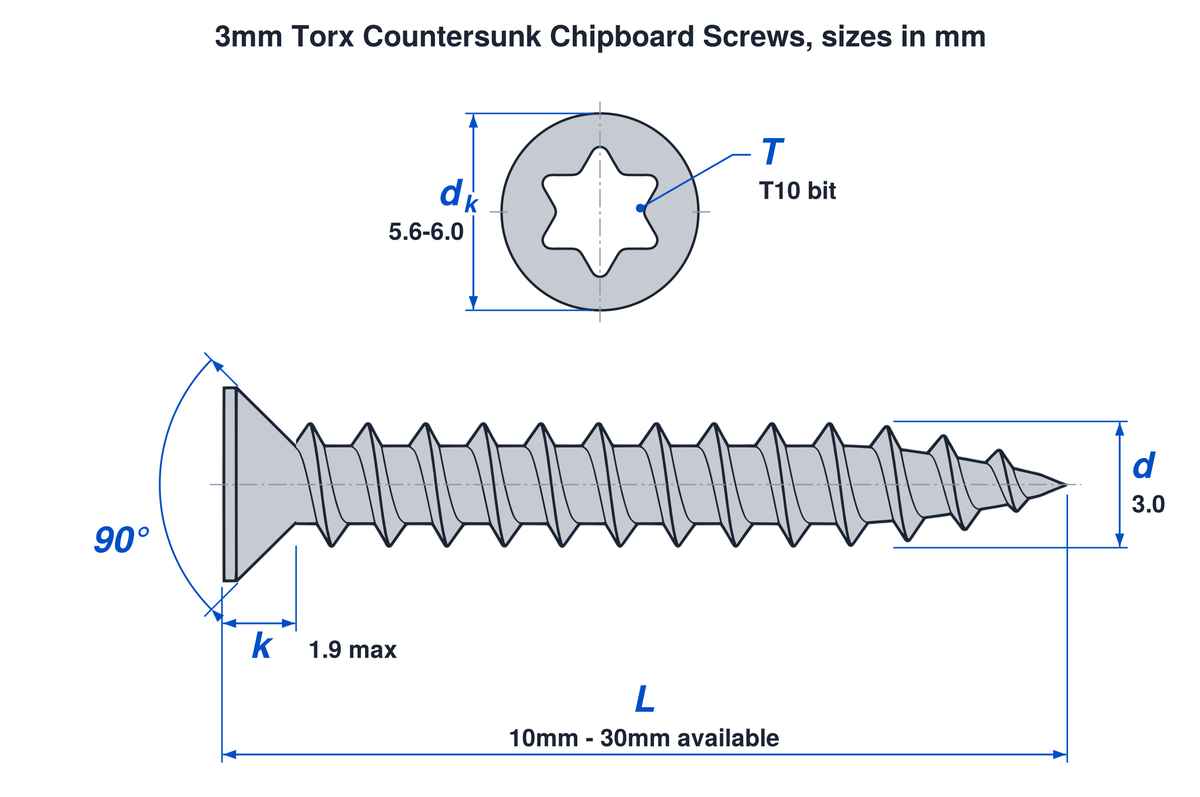 3mm torx countersunk chipboard screw dimensions: thread 3.0mm, head 5.6mm to 6.0mm, head height 1.9mm max, T10 bit, lengths 10mm to 30mm