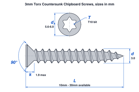 3mm torx countersunk chipboard screw dimensions: thread 3.0mm, head 5.6mm to 6.0mm, head height 1.9mm max, T10 bit, lengths 10mm to 30mm
