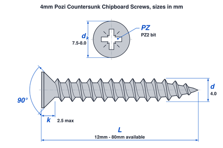 4mm pozi countersunk chipboard screw dimensions: thread 4.0mm, head 7.5mm to 8.0mm, head height 2.5mm max, PZ2 bit, lengths 12mm to 80mm
