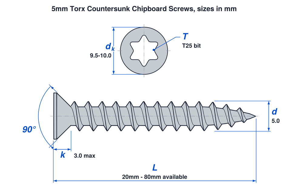 5mm torx countersunk chipboard screw dimensions: thread 5.0mm, head 9.5mm to 10.0mm, head height 3.0mm max, T25 bit, lengths 20mm to 80mm