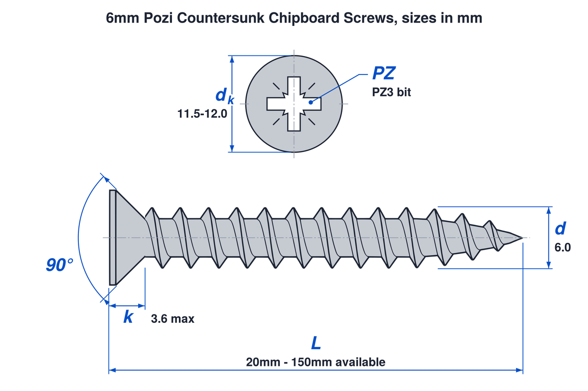 6mm pozi countersunk chipboard screw dimensions: thread 6.0mm, head 11.5mm to 12.0mm, head height 3.6mm max, PZ3 bit, lengths 20mm to 150mm