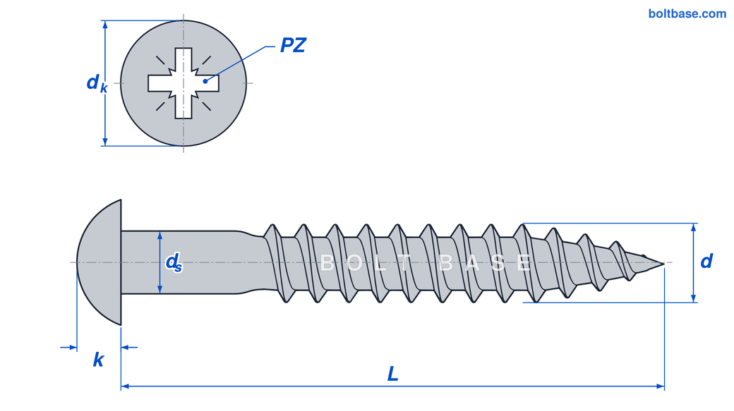 DIN 7996 Pozi Round Head Wood Screws dimensions diagram