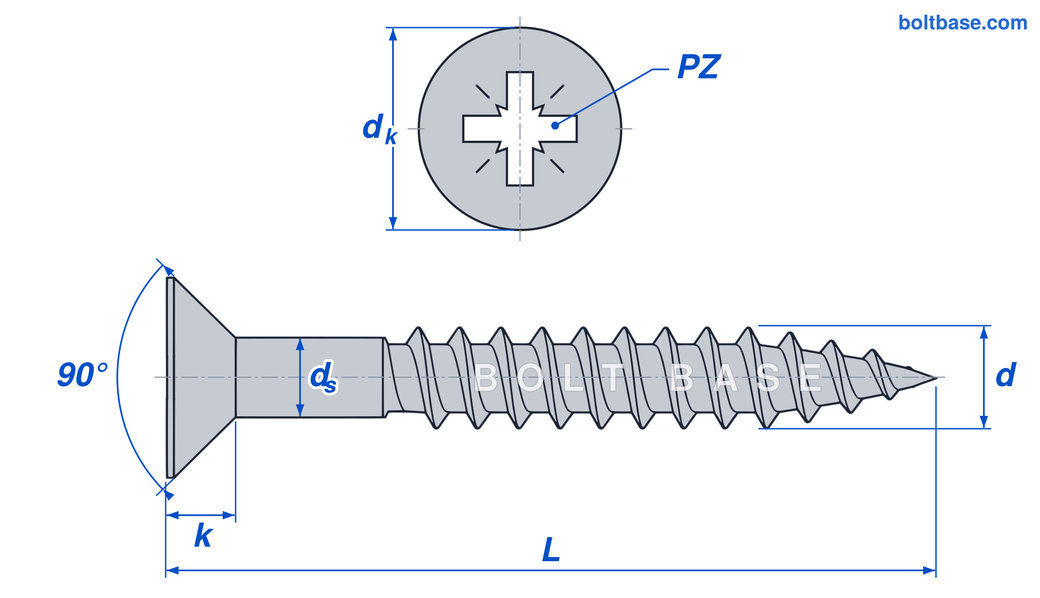 DIN 7997 Pozi Countersunk Wood Screws dimensions diagram