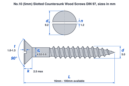 No.10 (5mm) slotted countersunk wood screw DIN 97 dimensions: thread 5.0mm, head 9.2mm, head height 2.5mm max, lengths 16mm to 100mm