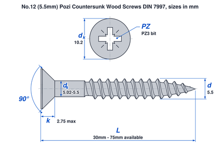 No.12 (5.5mm) pozi countersunk wood screw DIN 7997 dimensions: thread 5.5mm, head 10.2mm, head height 2.75mm max, PZ3 bit, lengths 30mm to 75mm
