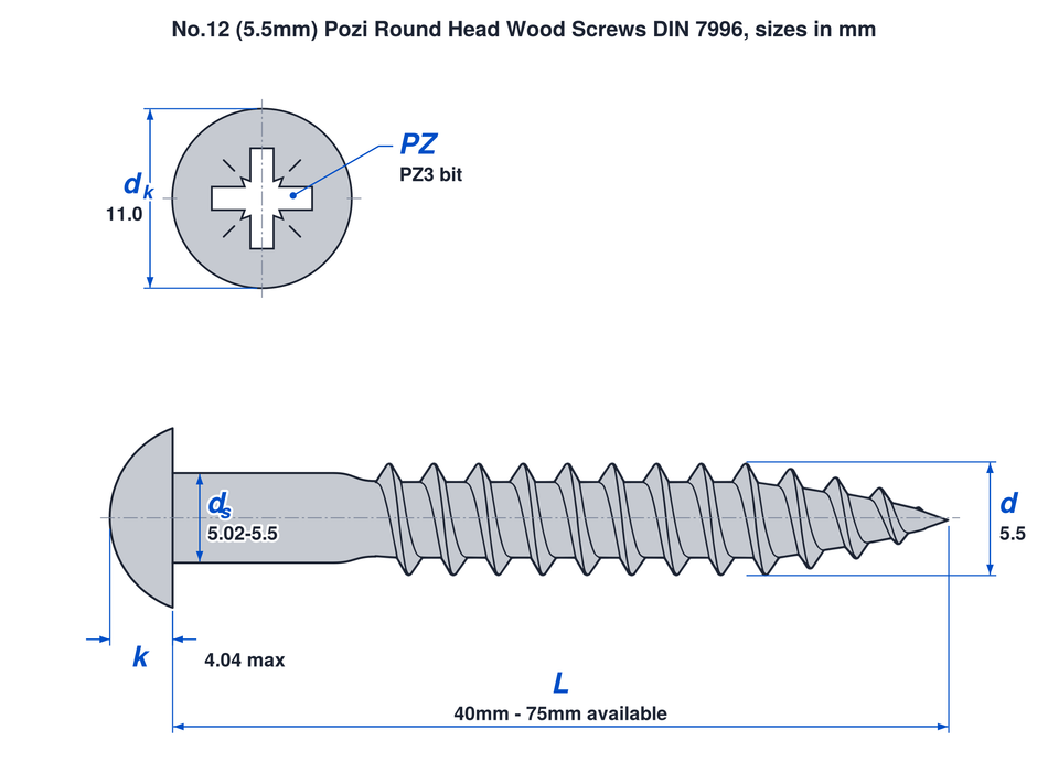 No.12 (5.5mm) pozi round head wood screw DIN 7996 dimensions: thread 5.5mm, head 11.0mm, head height 4.04mm max, PZ3 bit, lengths 40mm to 75mm