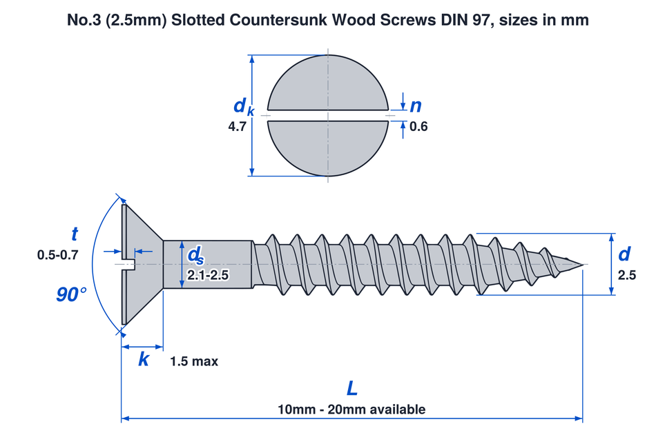 No.3 (2.5mm) slotted countersunk wood screw DIN 97 dimensions: thread 2.5mm, head 4.7mm, head height 1.5mm max, lengths 10mm to 20mm