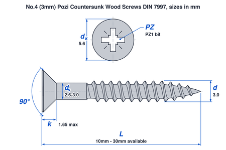 No.4 (3mm) pozi countersunk wood screw DIN 7997 dimensions: thread 3.0mm, head 5.6mm, head height 1.65mm max, PZ1 bit, lengths 10mm to 30mm