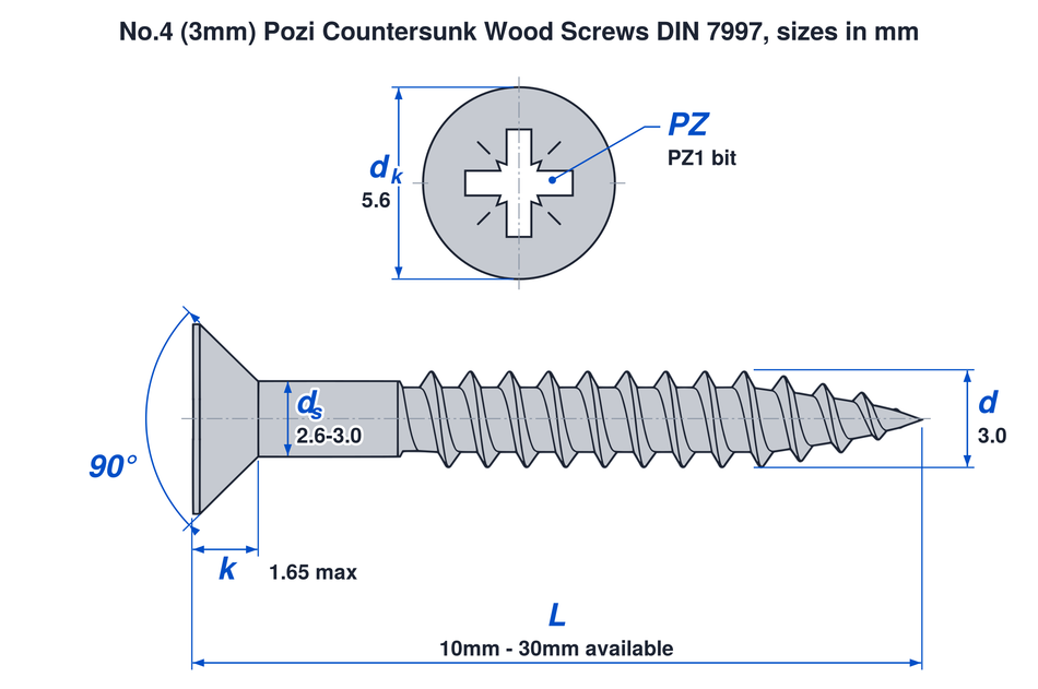 No.4 (3mm) pozi countersunk wood screw DIN 7997 dimensions: thread 3.0mm, head 5.6mm, head height 1.65mm max, PZ1 bit, lengths 10mm to 30mm