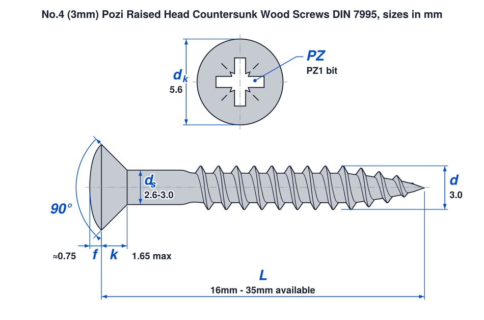 No.4 (3mm) pozi raised head countersunk wood screw DIN 7995 dimensions: thread 3.0mm, head 5.6mm, countersunk head height 1.65mm max, dome about 0.75mm, PZ1 bit, lengths 16mm to 35mm
