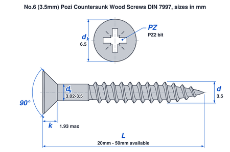 No.6 (3.5mm) pozi countersunk wood screw DIN 7997 dimensions: thread 3.5mm, head 6.5mm, head height 1.93mm max, PZ2 bit, lengths 20mm to 50mm