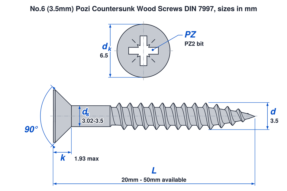No.6 (3.5mm) pozi countersunk wood screw DIN 7997 dimensions: thread 3.5mm, head 6.5mm, head height 1.93mm max, PZ2 bit, lengths 20mm to 50mm