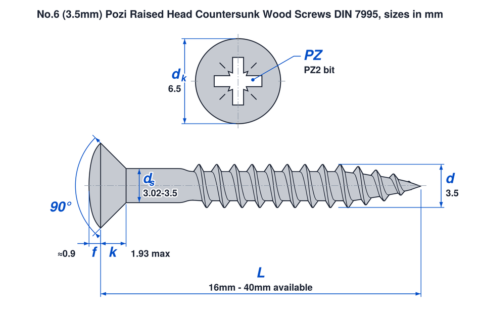 No.6 (3.5mm) pozi raised head countersunk wood screw DIN 7995 dimensions: thread 3.5mm, head 6.5mm, countersunk head height 1.93mm max, dome about 0.9mm, PZ2 bit, lengths 16mm to 40mm
