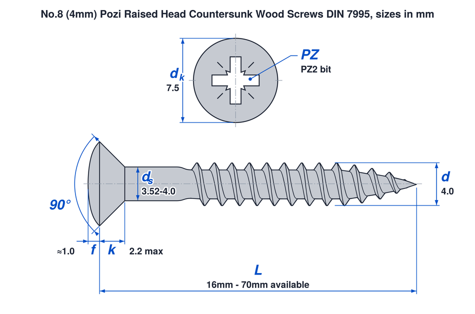No.8 (4mm) pozi raised head countersunk wood screw DIN 7995 dimensions: thread 4.0mm, head 7.5mm, countersunk head height 2.2mm max, dome about 1mm, PZ2 bit, lengths 16mm to 70mm