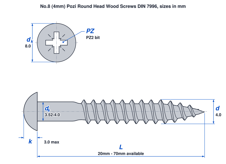 No.8 (4mm) pozi round head wood screw DIN 7996 dimensions: thread 4.0mm, head 8.0mm, head height 3.0mm max, PZ2 bit, lengths 20mm to 70mm