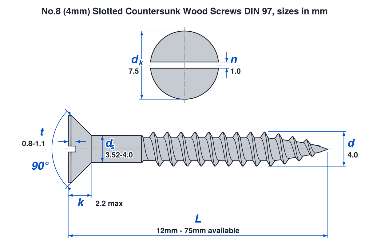 No.8 (4mm) slotted countersunk wood screw DIN 97 dimensions: thread 4.0mm, head 7.5mm, head height 2.2mm max, lengths 12mm to 75mm