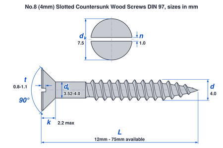 No.8 (4mm) slotted countersunk wood screw DIN 97 dimensions: thread 4.0mm, head 7.5mm, head height 2.2mm max, lengths 12mm to 75mm